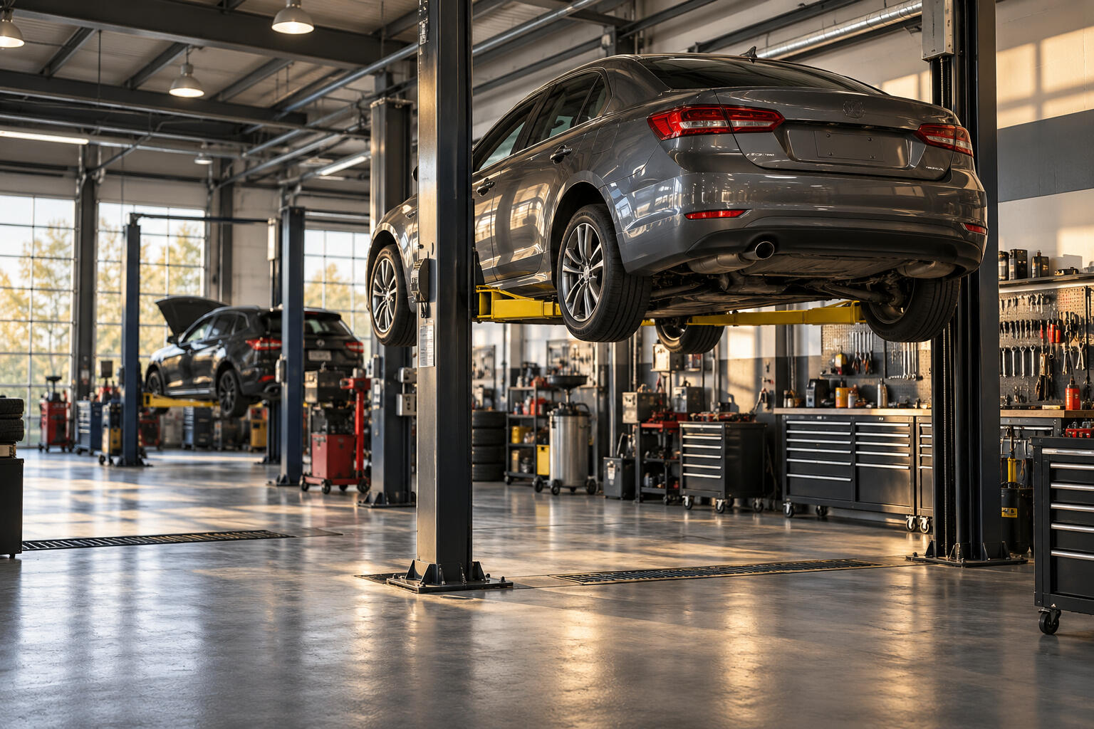 AI-generated illustrative independent garage with a car on a workshop lift.